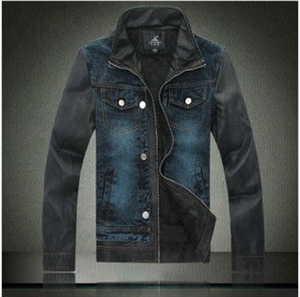 jean jacket with leather sleeves for men の画像