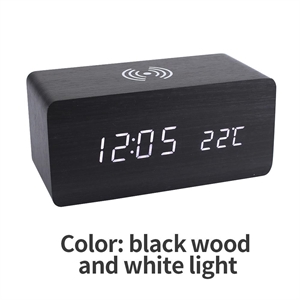 Изображение Цифровой будильник QI беспроводной деревянные часы Голосовое управление зарядное устройство современный светодиодный настольные часы с термометром для