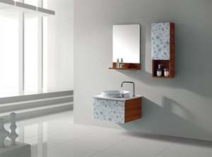 LANBOR Latest modern wall mounted glass door bathroom cabinet vanity set with sink and mirror storage wooden shelf side cabinet FS068