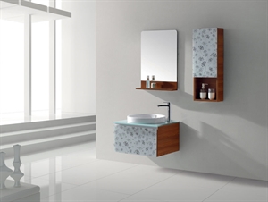 Изображение LANBOR Latest popular hanging glass door wood bathroom cabinetry furniture set with sink and mirror storage wooden shelf FS069